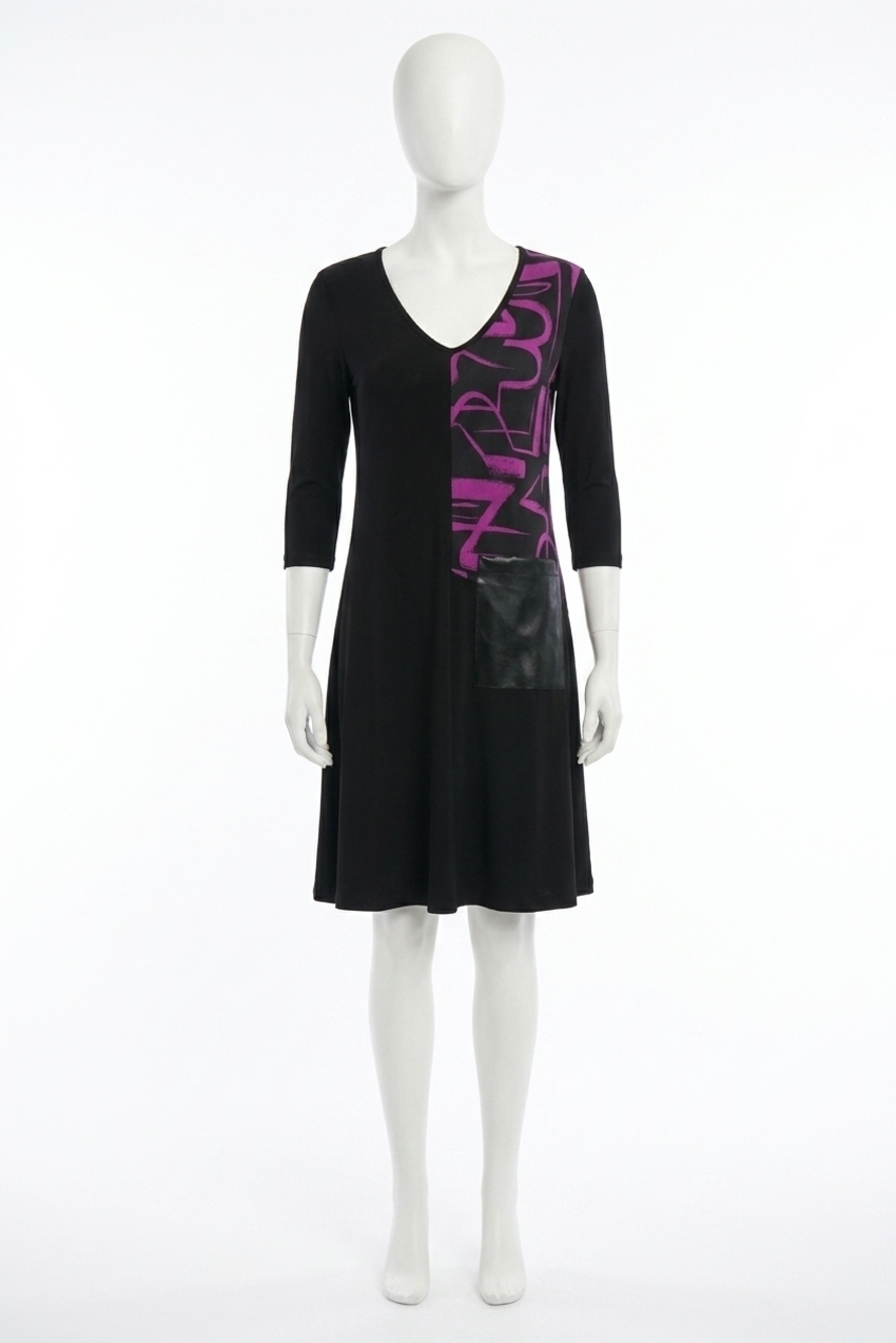 NEW JOSEPH RIBKOFF colorblock 3/4 sleeve trapeze dress in black/empress